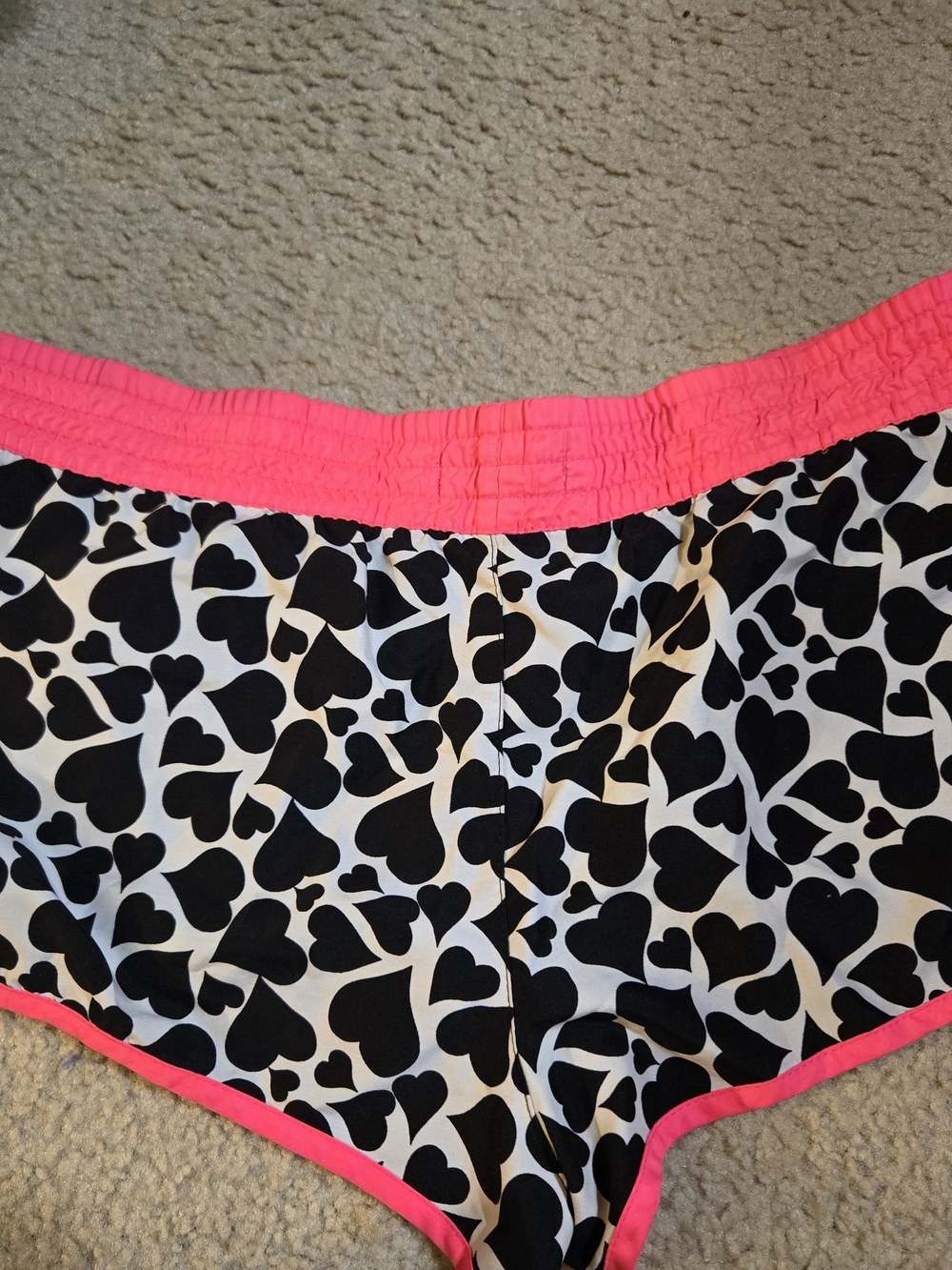 OP Women's Black & White Heart Print Athletic Shorts with Neon Pink Trim